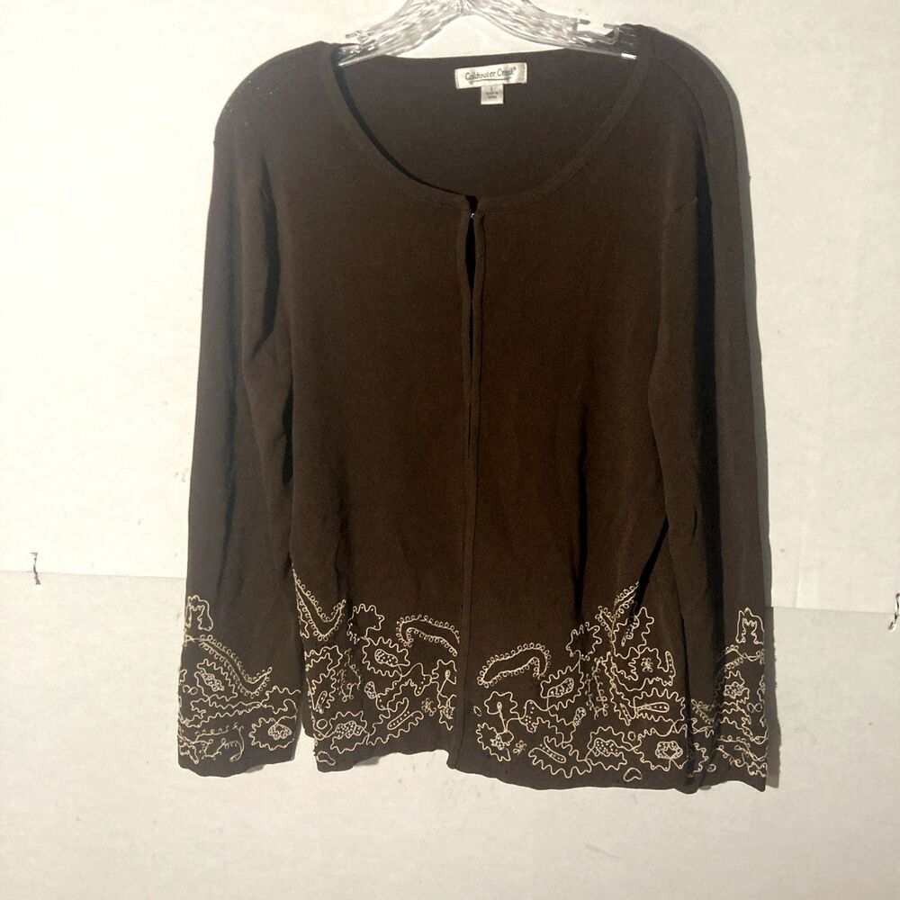 COLDWATER CREEK brown embroidered beaded eyelet closure stretchy cardigan L